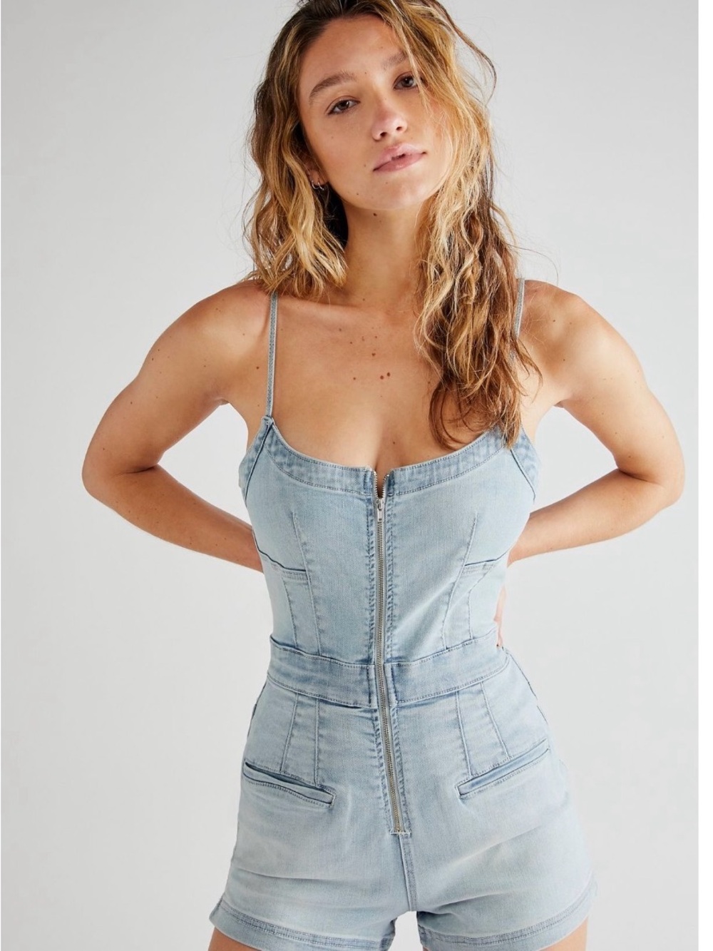 Free People CRVY fireflies zip up romper in blue haze